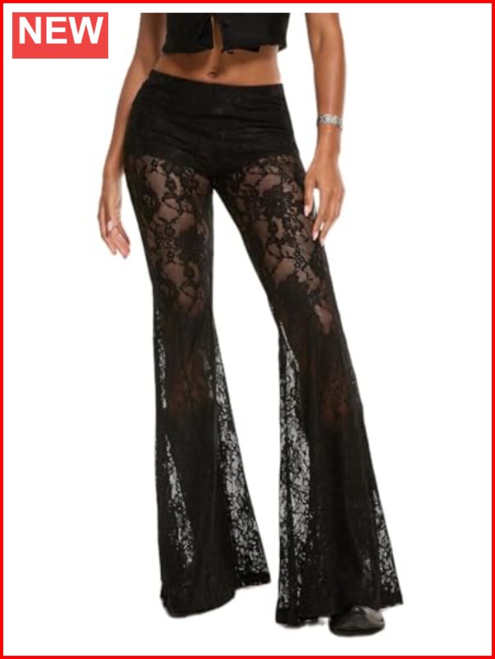 Women Lace Bell Bottom Pants See Through Flared Leggings Night Out